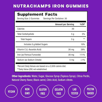 Iron Gummies with Vitamin C | 20mg Iron Gummies for Women, Men & Kids | Blood Cell Formation Support | 60 Gummies | Vegan Iron Gummy for Iron Deficiency & Anemia | Energy, Focus, Immune Boost
