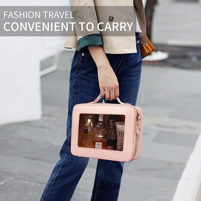 Clear Makeup Bag for Women Waterproof Travel Cosmetics and Toiletries Case Portable Makeup Oaganizer Bag Clear Car Bag with Zipper (Pink, M+L-1)