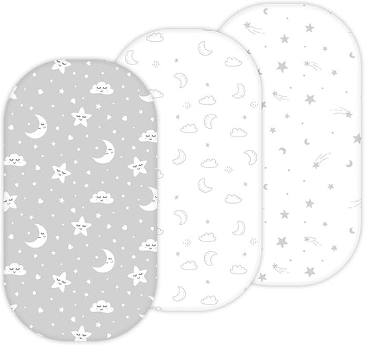 TansyPanda Bassinet Sheets for Munchkin Brica Pod, 4moms MamaRoo, Nordmiex, Beberoad Travel Bassinet, 3PC, 18 x 30 Inch, Ultra Soft, Breathable, Snug Fit, Unisex Boys and Girls (Moon, Stars, Clouds)