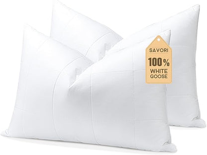 SAVORI Pack of 2 Goose Down Feather Pillows with 100% Cotton Cover, Soft Hotel Bed Pillow for Sleeping, Cooling Pillow for Back, Stomach or Side Sleepers, Queen Size-White 20x30 Inch