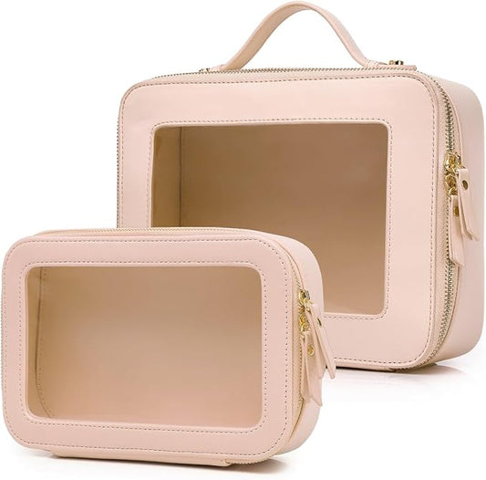 Clear Makeup Bag for Women Waterproof Travel Cosmetics and Toiletries Case Portable Makeup Oaganizer Bag Clear Car Bag with Zipper (Pink, M+L-1)