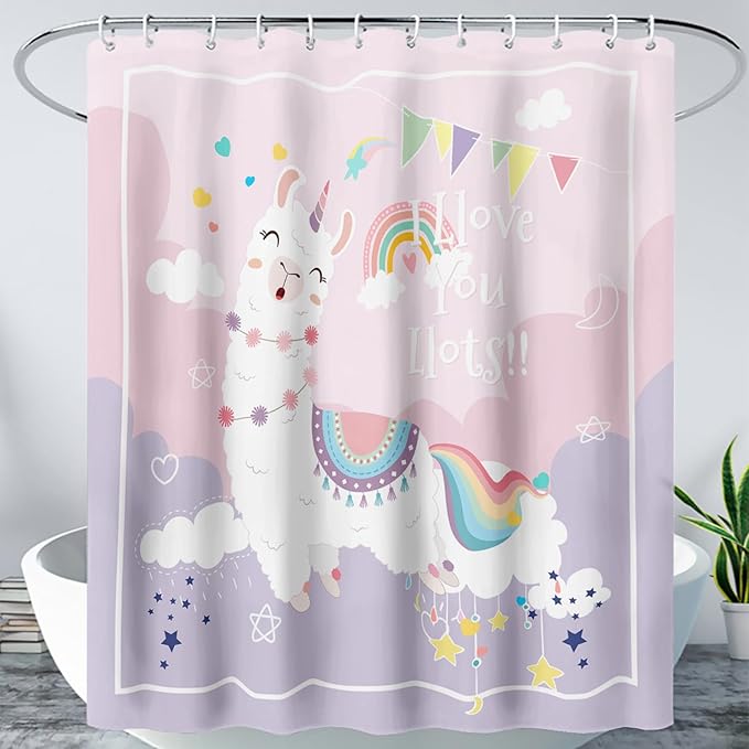 AILONEN Cute Llama Kids Shower Curtain for Girls,Happy Llama in Sky Clouds Print Bath Curtain 60" W*72" H,Kawaii Kids Bathroom Curtain Polyester Waterproof Girls Bathroom Curtain with 12 Hooks