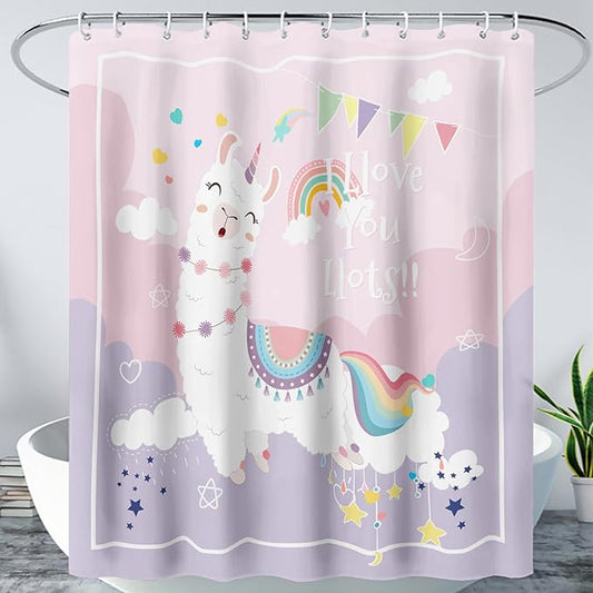 AILONEN Cute Llama Kids Shower Curtain for Girls,Happy Llama in Sky Clouds Print Bath Curtain 60" W*72" H,Kawaii Kids Bathroom Curtain Polyester Waterproof Girls Bathroom Curtain with 12 Hooks