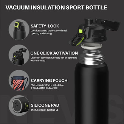 Insulated Sports Water Bottle, Stainless Steel Water Bottles with Locking Flip Top Lid, Insulated Bottle with Double-Wall Vacuum Insulation for Fitness and Outdoor Enthusiasts