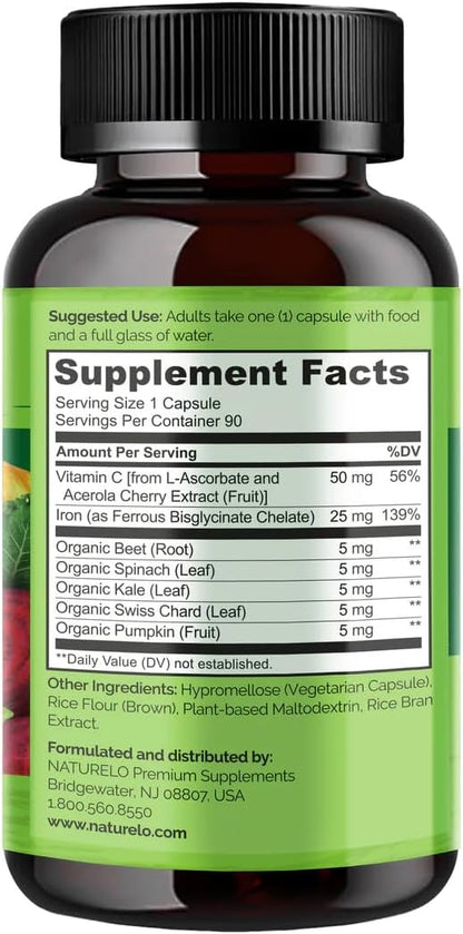 NATURELO Vegan Iron Supplement with Vitamin C and Organic Whole Foods - Gentle Pills for Women & Men w/Iron Deficiency Including Pregnancy, Anemia Diets 90 Mini Capsules