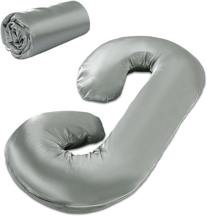 HOMBYS Silky Satin Pregnancy Pillow Cover (ONLY Pillowcase), Luxurious Smooth Maternity Pillow Cover, C Shaped Soft & Breathable Large Pillow Protector for Side Sleeper, 60.2" L x 34.2" W, Dark Grey