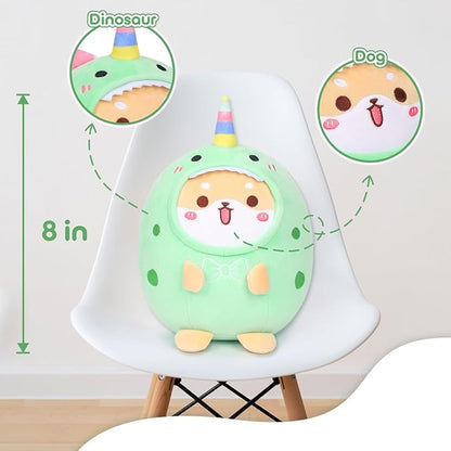 Cute Plush Shiba Inu Dinosaur Stuffed Animal Pillow, 8" Soft Kawaii Akita Plushie with Dinosaur Outfit Gift for Kids
