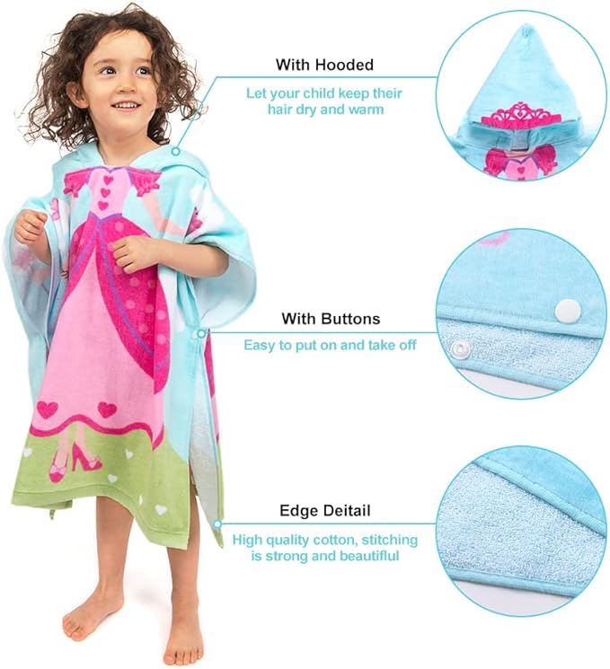 Hooded Bath Towels for Girls Kids Toddlers Children 2 to 6 Years Old Cotton Ultra Soft Absorbent Poncho Beach Towel for Pool Swim Pink Large Size 24"x 47" in Full-Length (Lovely Princess