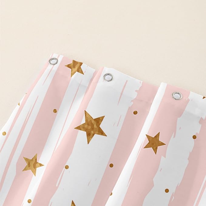 AILONEN Stars Shower Curtain, Pink Striped and Gold Stars Waterproof Shower Curtain,Simple Vintage Style Shower Curtain Liner for Girls Women Adults,36" W*72" H
