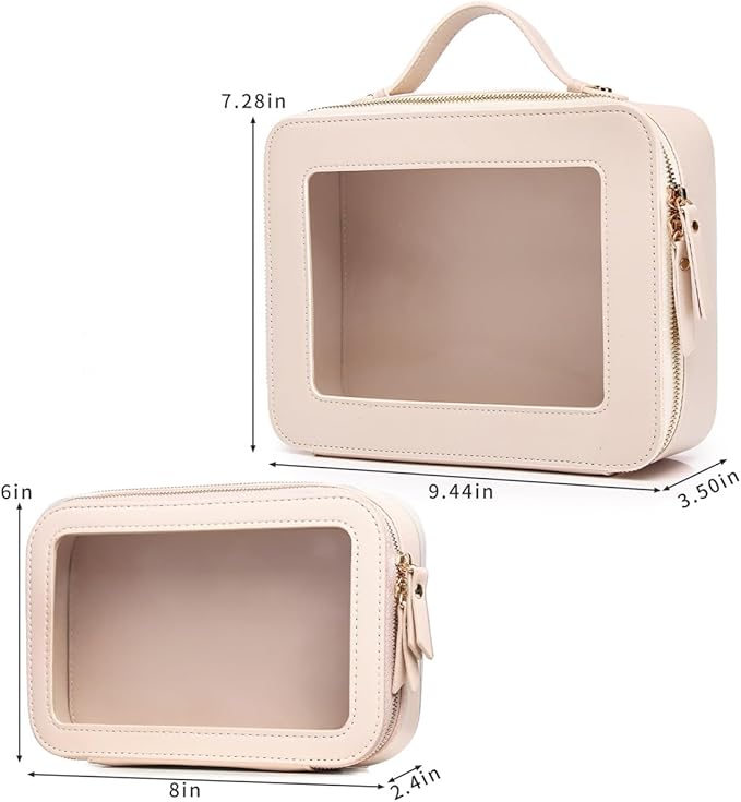 Clear Makeup Bag for Women Waterproof Travel Cosmetics and Toiletries Case Portable Makeup Oaganizer Bag Clear Car Bag with Zipper (Beige, M+L-1)