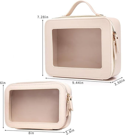 Clear Makeup Bag for Women Waterproof Travel Cosmetics and Toiletries Case Portable Makeup Oaganizer Bag Clear Car Bag with Zipper (Beige, M+L-1)
