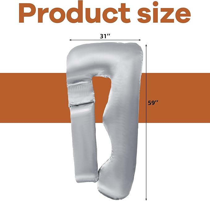 HOMBYS Silky Satin Pregnancy Pillow Cover (ONLY Pillowcase), Luxurious Smooth Maternity Pillow Cover, U Shaped Soft & Breathable Large Pillow Protector for Side Sleeper, 58.6" L x 30.9" W, Light Grey
