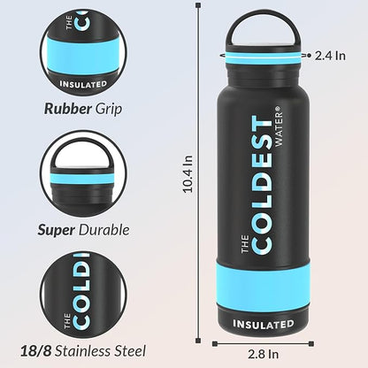 Coldest Insulated Water Bottle with Handle Lid | Leak Proof, Insulated Stainless Steel, Triple Walled, Sport Thermos Bottles, Metal Flask (‎Matte Black, 21 oz)