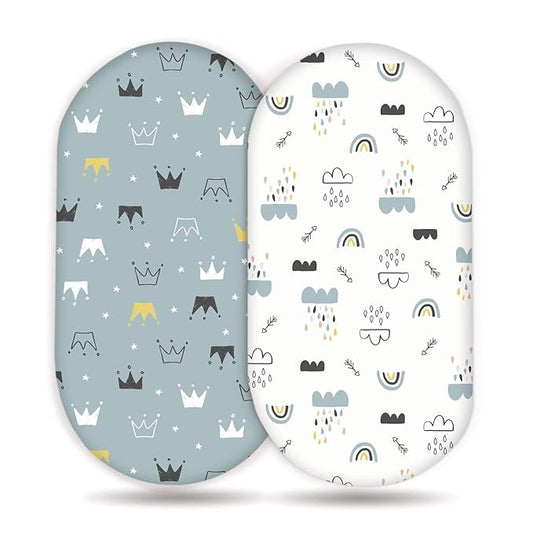 Stretchy Ultra Soft Bassinet Sheet Set 2 Pack, Universal Cradle Sheet for Rectangle, Oval, or Hourglass Bassinet Pad/Mattress, Crown and Cloud Bassinet Sheets for Baby Girl and Boy