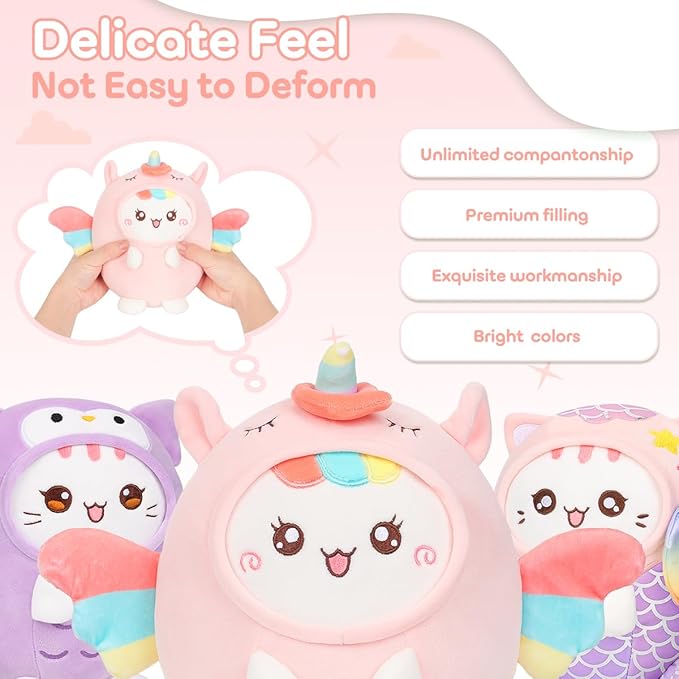 Cute Plush Unicorn Cat Stuffed Animal Pillow, 8" Soft Kawaii Kitten Plushie with Unicorn Outfit Gift for Kids