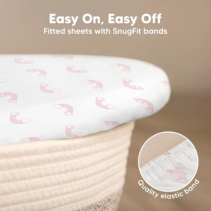 2-Pack Organic Bassinet Sheets for Girls, Boys - 100% Cotton Bassinet Mattress Sheets Compatible with Halo Bassinest Swivel Sleeper, Graco,Baby Delight,Chicco,Unisex Fitted Bassinet Sheets (Dreamland)