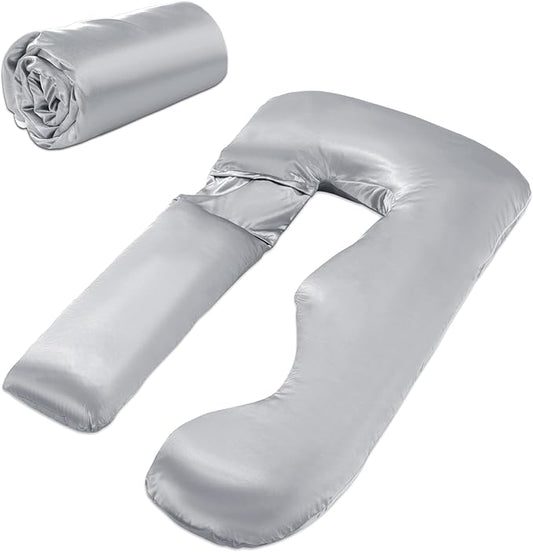 HOMBYS Silky Satin Pregnancy Pillow Cover (ONLY Pillowcase), Luxurious Smooth Maternity Pillow Cover, U Shaped Soft & Breathable Large Pillow Protector for Side Sleeper, 58.6" L x 30.9" W, Light Grey