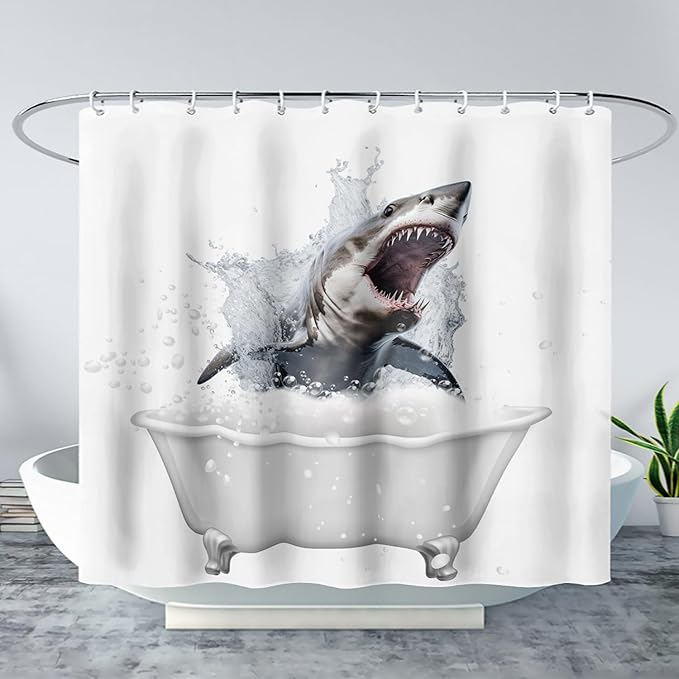 AILONEN 3D Bathtub Shark Shower Curtain for Kids 180 * 240 Inch,Fierce Shark in a Bathtub Shower Curtain,12 Pack Hooks Polyester Waterproof Fabric Decor for Bathroom Bathtub Panels