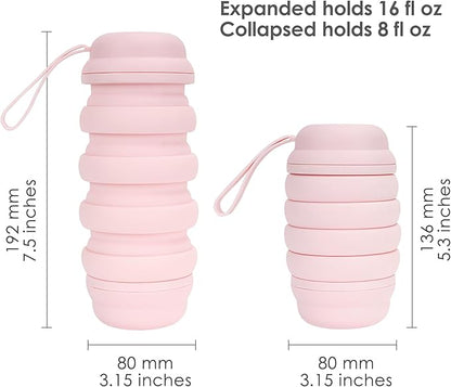 Collapsible Water Bottle, Reusable Water Bottle, 16 oz Water Bottle, Travel Sports, Pill Storage, Silicone Water Bottle, Lunch Bottle, BPA Free, Vitamin Storage. (Pink)