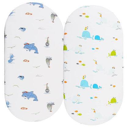 Bassinet Sheets Compatible with Chicco Lullago Anywhere & Baby Bjorn Cradle Bassinet, 2 Pack, 100% Jersey Knit Cotton 190GSM, Ultra Soft Breathable, Dolphin and Whale