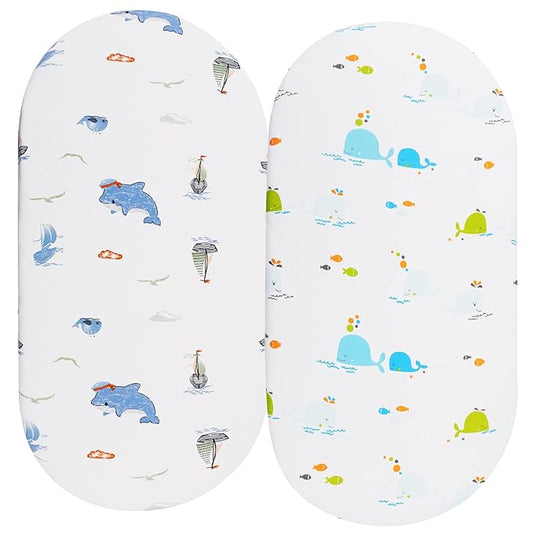 Bassinet Sheets Compatible with Chicco Lullago Anywhere & Baby Bjorn Cradle Bassinet, 2 Pack, 100% Jersey Knit Cotton 190GSM, Ultra Soft Breathable, Dolphin and Whale