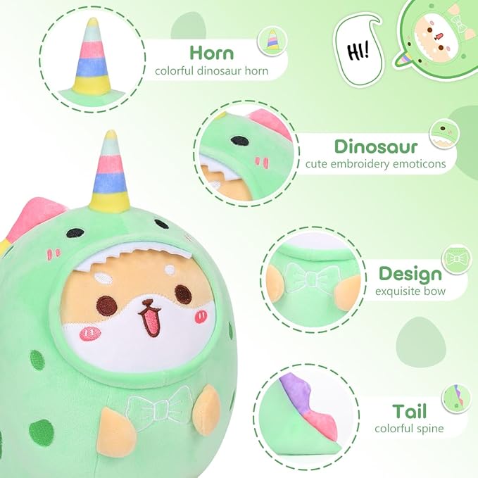 Cute Plush Shiba Inu Dinosaur Stuffed Animal Pillow, 8" Soft Kawaii Akita Plushie with Dinosaur Outfit Gift for Kids