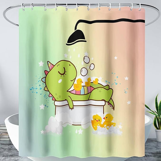 AILONEN Cartoon Shower Dinosaur Shower Curtain for Kids,Funny Green Dinosaur Shower Curtain Set with Hooks,72" W*72" H