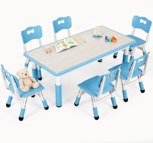 Kids Table and 6 Chairs Set, Height Adjustable Graffiti Desk, Preschool Activity Art Craft Table, for Daycare Classroom Home Boys and Girls Age 3-12 (Blue)