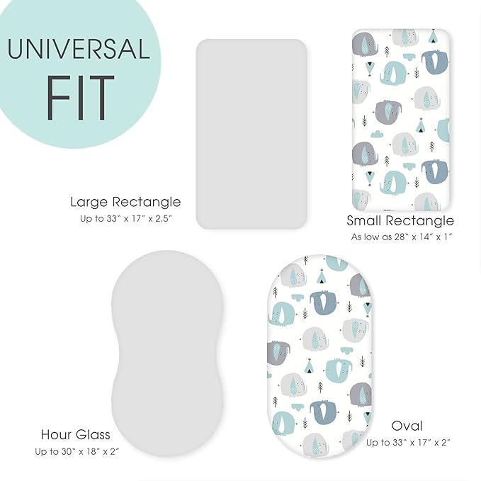 Stretchy Ultra Soft Fitted Bassinet Sheets 2 Pack, Universal Fitted Sheets for Rectangle, Oval, or Hourglass Bassinet Mattresses or Changing Pads, Cute Elephant Baby Sheets for Boy and Girl