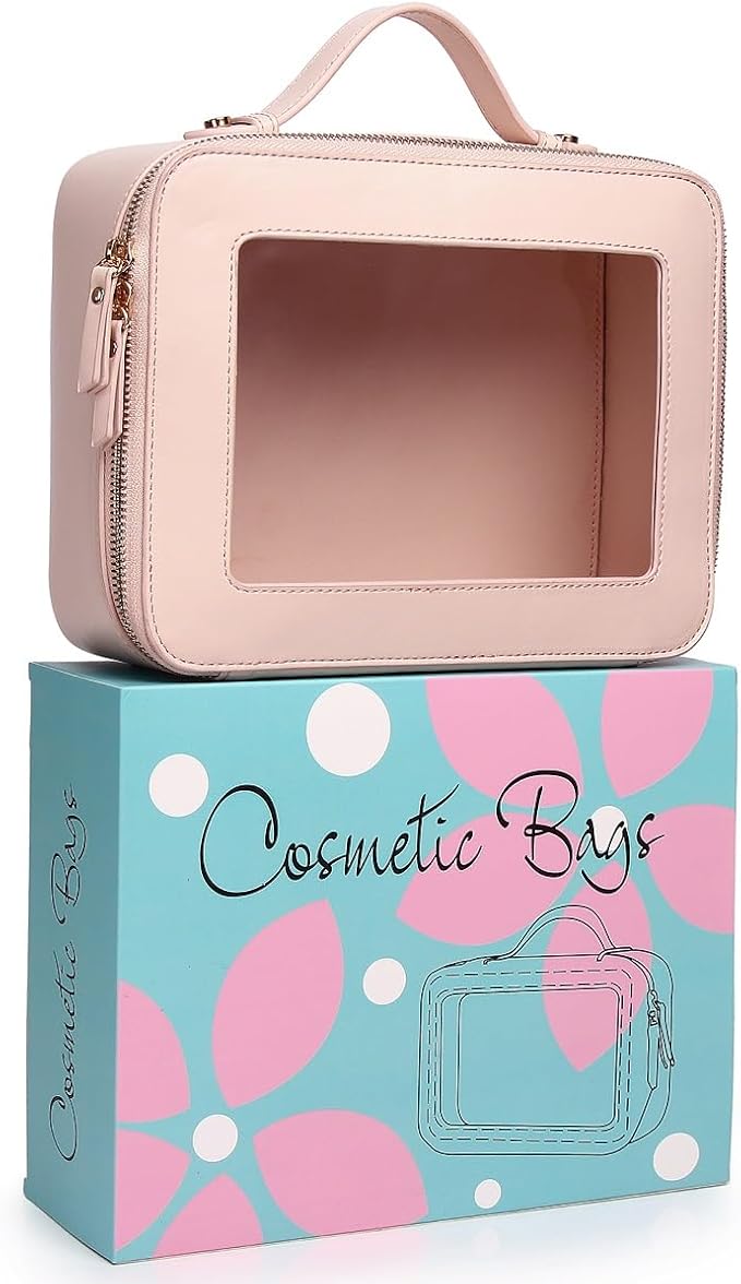 Clear Makeup Bag for Women Waterproof Travel Cosmetics and Toiletries Case Portable Makeup Oaganizer Bag Clear Car Bag with Zipper (Pink, M+L-1)