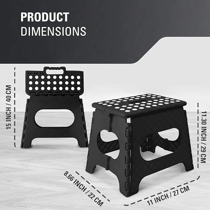 Folding 11inch Lightweight Step Stool - Compact & Portable - Sturdy Non-Slip Design for Kitchen, Bathroom - Durable & Space-Saving - Weight Capacity up to 300lbs - Black - Ideal for Adults and Kids
