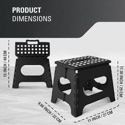 Folding 11inch Lightweight Step Stool - Compact & Portable - Sturdy Non-Slip Design for Kitchen, Bathroom - Durable & Space-Saving - Weight Capacity up to 300lbs - Black - Ideal for Adults and Kids