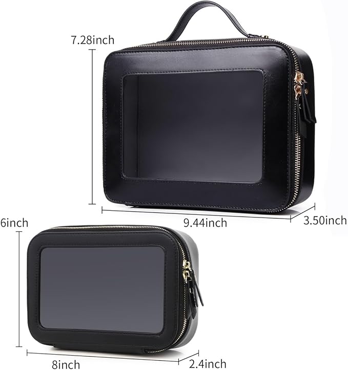 Clear Makeup Bag for Women Waterproof Travel Cosmetics and Toiletries Case Portable Makeup Oaganizer Bag Clear Car Bag with Zipper (Black, M+L-1)