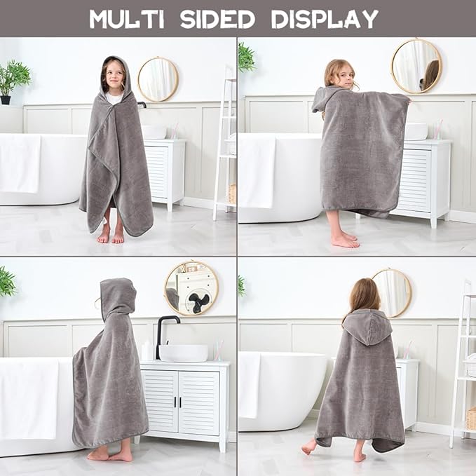 Hiturbo Kids Hooded Bath Towel: 100% Cotton Soft Thick Absorbent Towels Wrap - 50"x30" Shower Beach Pool Wearable Blanket for 3-12 Yrs Boys Girls - Gray