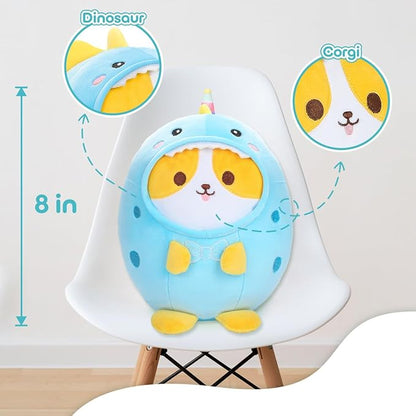 Cute Plush Corgi Dinosaur Stuffed Animal Pillow, 8" Soft Kawaii Shiba Inu Corgi Plushie with Dinosaur Outfit Gift for Kids