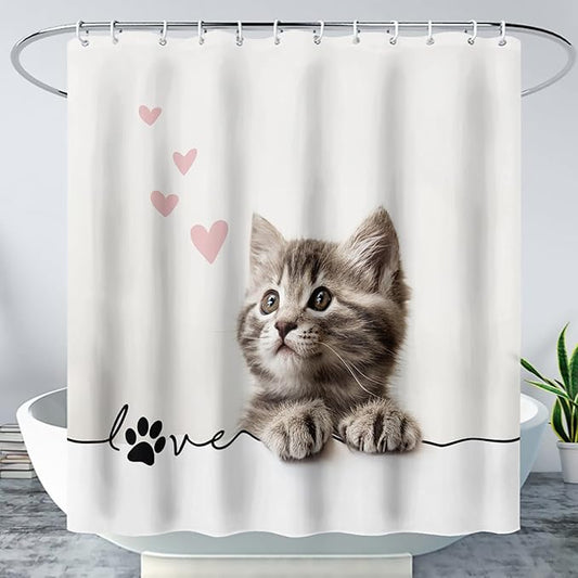 AILONEN 3D Kawaii Cat Shower Curtain, Fuzzy Ball Kitten Shower Curtain for Kids Girls Boys Bathroom Decor,Cute Pet Cat Lover Waterproof Shower Curtains Sets with Hooks,60" W*72" H