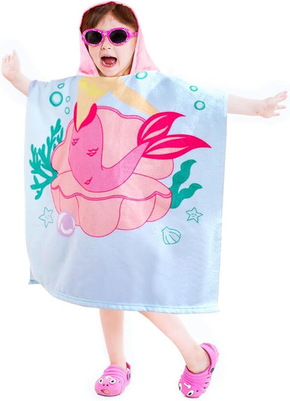 Kids Blue Mermaid Hooded Beach Towel Girls Cute Poncho Pool Towels with Hood 24*47 in Soft Microfiber Swim Cover-ups Kids Ages 3-10 Thick Absorbent Cotton Hooded Bath Towel Wrap Bathrobe