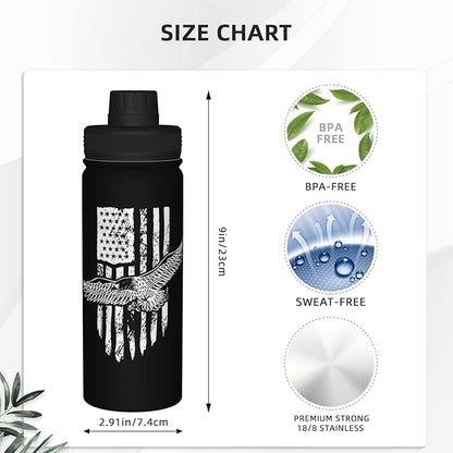 Cerburny Water Bottle Black USA Flag 18 oz Stainless Steel Insulated Bottles With Lid Wide Mouth Gym Sports Water Jug For Men Women Adult