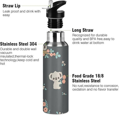 senya 34 Oz Water Bottle with Straw Koala and Flowers Stainless Steel Water Bottle for Traveling Sports Leakproof Insulated Water Bottle