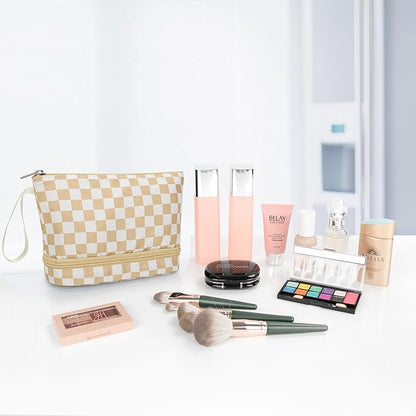 Ethereal Checkered Small Makeup Bag, Travel Makeup Brushes Organizer Bag for Women Purse Daily Double Layer Cosmetic Bag Portable Makeup Pouch, khaki