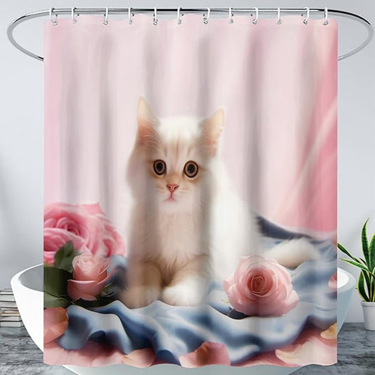 AILONEN 3D Beautiful Cat Shower Curtain,Kawaii Kitten Shower Curtain Set for Kids Boys Girls,Cat Lovers Animal Shower Curtain for Bathroom,Pink Rose Bath Curtain with Hooks,72" W*96" H