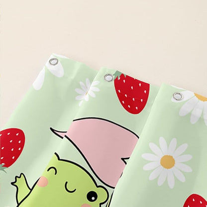 AILONEN Cute Frog Shower Curtain for Bathroom, Kawaii Strawberry and Frog Bath Curtain,Mushroom Frog Kids Girls Waterproof Curtain with 12 Plastic Hooks(48" W*72" H)
