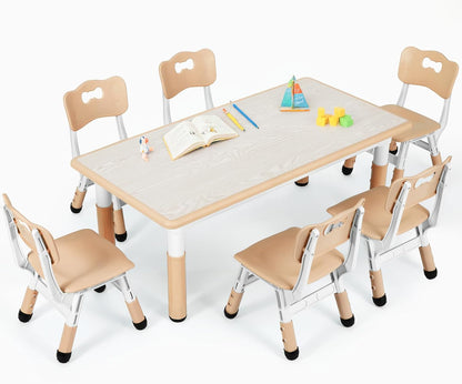 Kids Table and 6 Chairs Set, Height Adjustable Graffiti Desk, Preschool Activity Art Craft Table, for Daycare Classroom Home Boys and Girls Age 3-12 (Beige)
