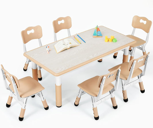 Kids Table and 6 Chairs Set, Height Adjustable Graffiti Desk, Preschool Activity Art Craft Table, for Daycare Classroom Home Boys and Girls Age 3-12 (Beige)