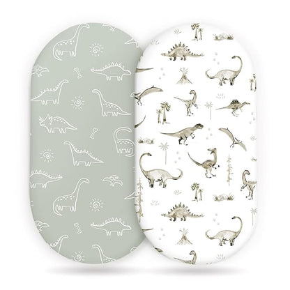 Stretch Ultra Soft Fitted Bassinet Sheet Set 2 Pack, Universal Fit for Bassinets Baby Cradle Moses Basket Oval Rectangle Mattress Safe and Snug, Dinosaur