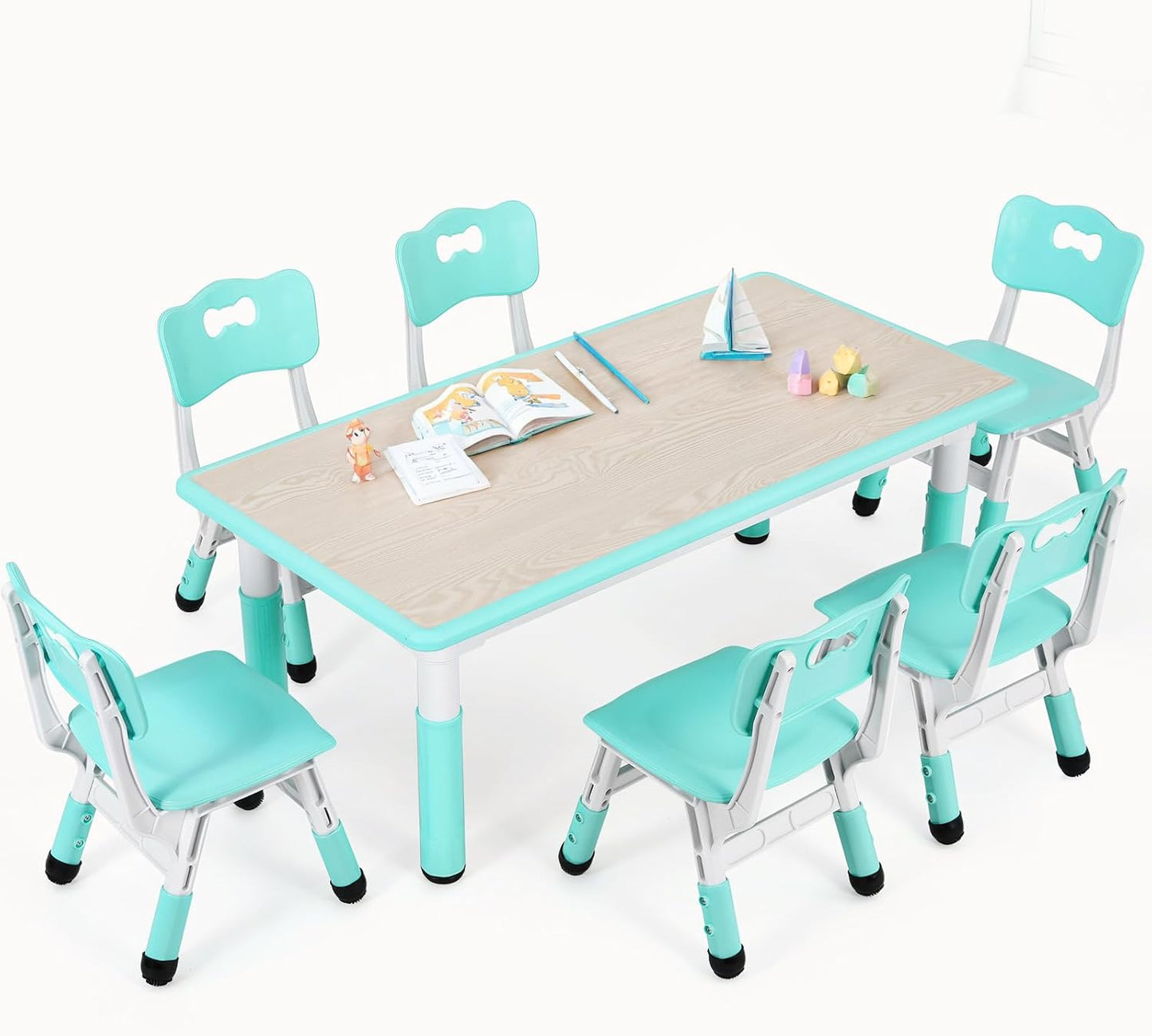 Kids Table and 6 Chairs Set, Height Adjustable Graffiti Desk, Preschool Activity Art Craft Table, for Daycare Classroom Home Boys and Girls Age 3-12 (Light Green)