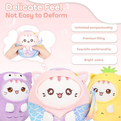 Cute Plush Mermaid Cat Stuffed Animal Pillow, 8" Soft Kawaii Kitten Plushie with Mermaid Outfit Gift for Kids