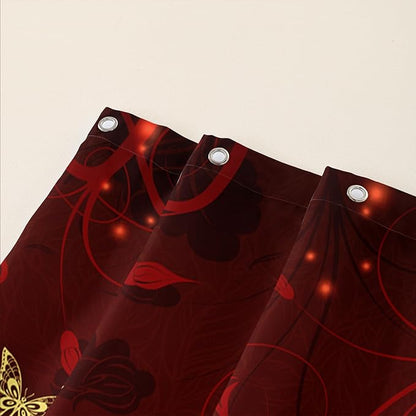AILONEN Rose Butterfly Waterproof Curtain,Red and Gold Butterfly Floral Bath Curtain,Modern Chic Flower Polyester Fabric Red Curtain with 12 Plastic Hooks, 60" W x 72" H