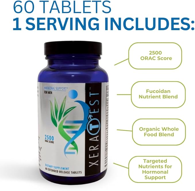 Youngevity XeraTest™ Hormonal Support for Men - Testosterone Support + Telomere Health - With Fucoidan Blend, Whole Foods, Fenugreek - Hormone-Free Botanical Supplement - (60 Extended Release Tablets)