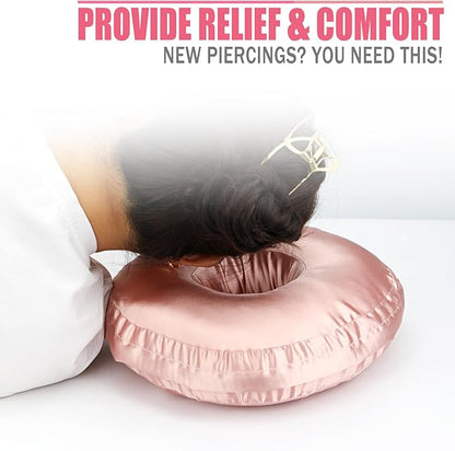 Satin Ear Piercing Pillow Removable Cover Luxury Cnh Pillow with Ear Holes for Ear Pain Side Sleepers Washable Large Donut Pillows Head Neck Support Coral